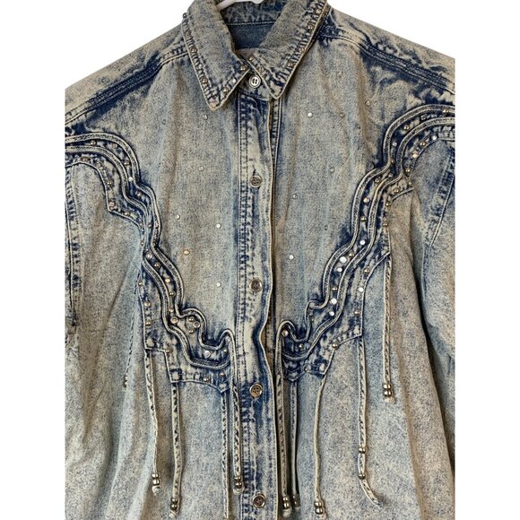 VTG Cowgirl Medium Denim Western Fringe Shirt Bling Acid Wash Cotton RA10050 - Picture 7 of 11